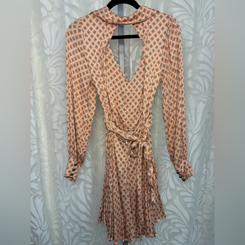 Free People Pink with Geometric Pattern Open Back Long Sleeve Midi Dress